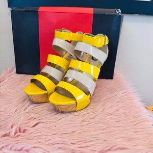 Guess Yellow and Cream Patent Strappy Platform Heels